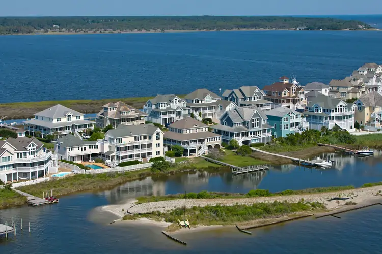 Aerial view of waterfront outer banks mansions